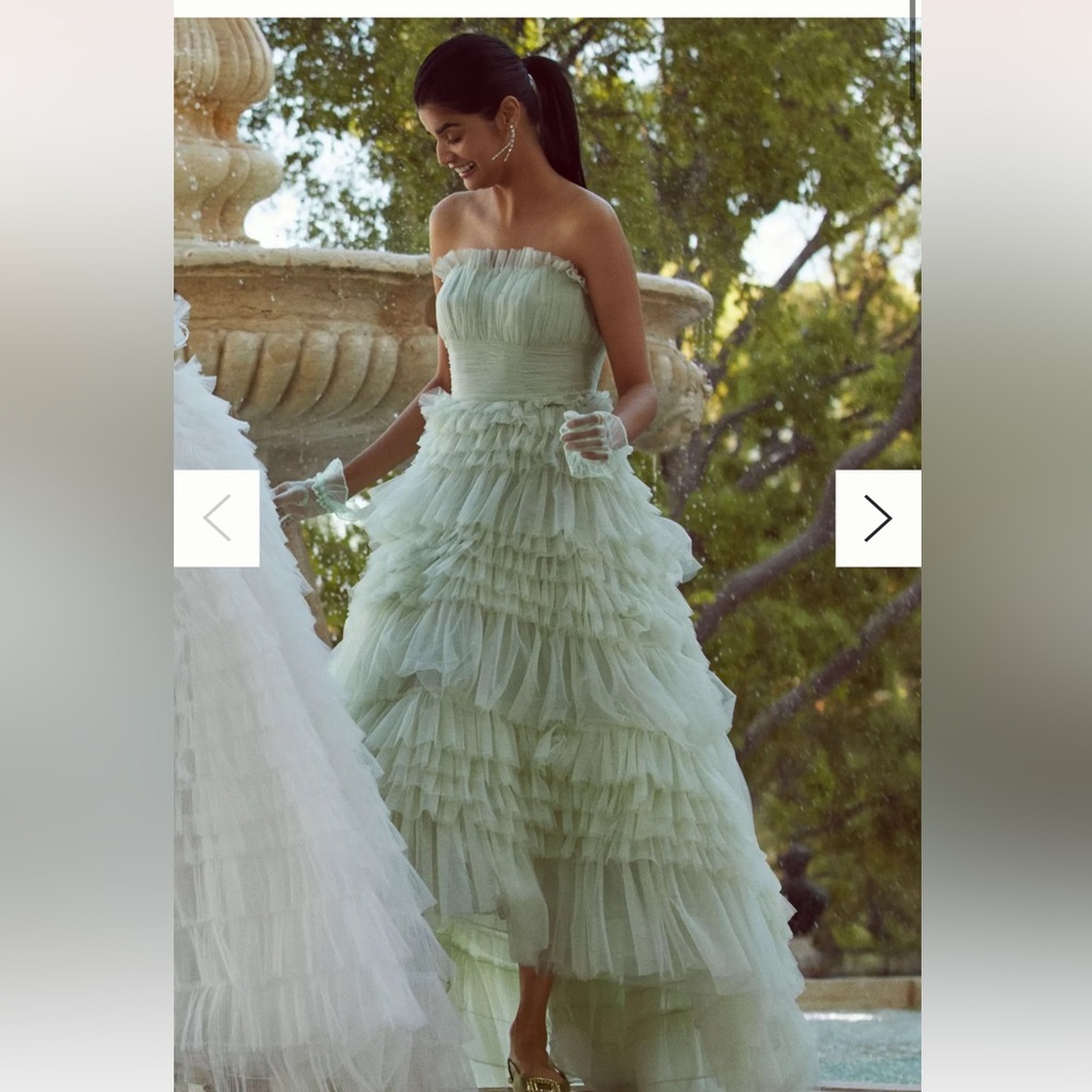 Anthropologie Mac Duggal Tiered Strapless Tulle A-Line High-Low Gown Sage